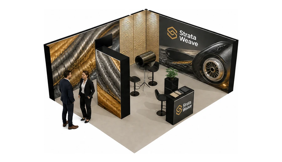 Stoisko 6 × 5 m narożne prawe dla branży materiały kompozytowe, przykładowa marka Strata Weave