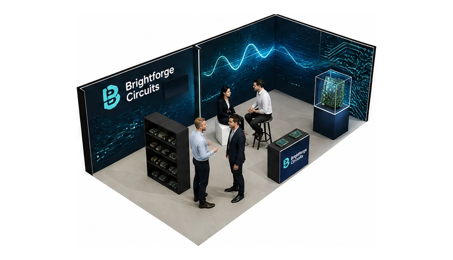 Stoisko 8 × 4 m narożne prawe dla branży komponenty elektroniczne, przykładowa marka Brightforge Circuits