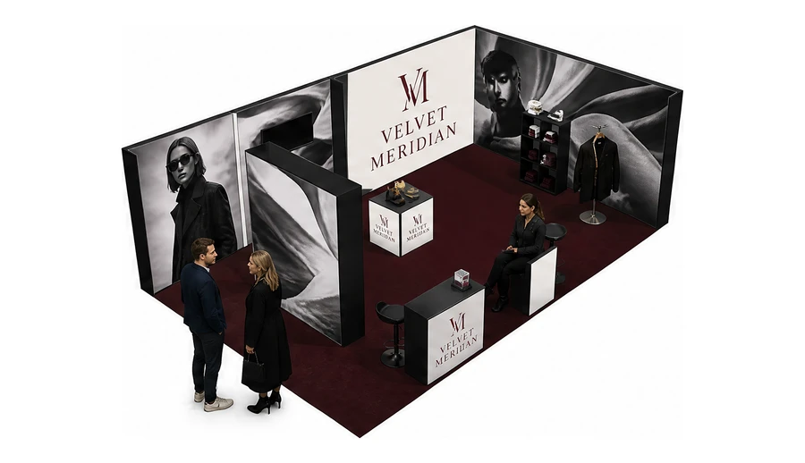 Stoisko 8 × 5 m narożne prawe dla branży odzież i moda, przykładowa marka Velvet Meridian