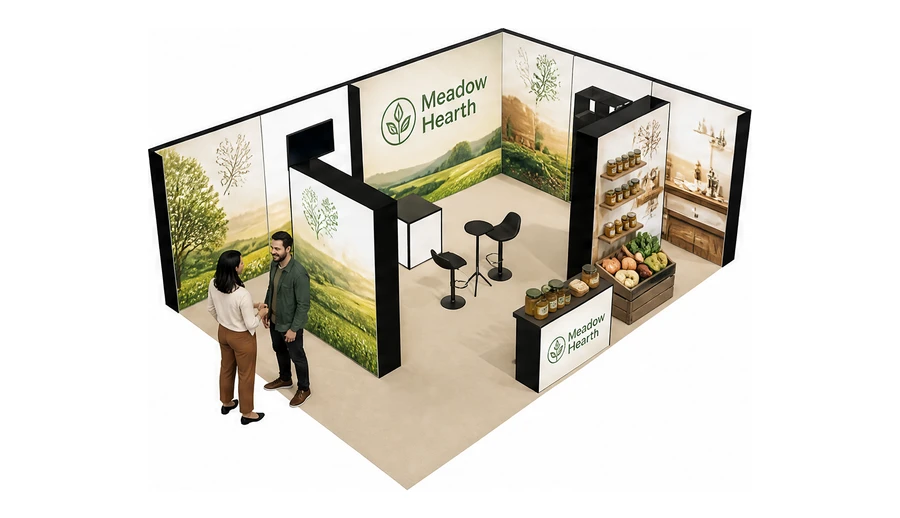 Stoisko 8 × 6 m narożne prawe dla branży żywność ekologiczna, przykładowa marka Meadow Hearth