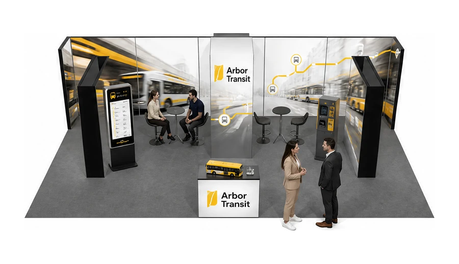 Stoisko 10 × 5 m półwyspowe dla branży autobusy i transport zbiorowy, przykładowa marka Arbor Transit