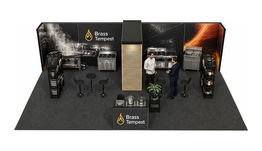 Stoisko 10 × 6 m półwyspowe dla branży wyposażenie gastronomii, przykładowa marka Brass Tempest