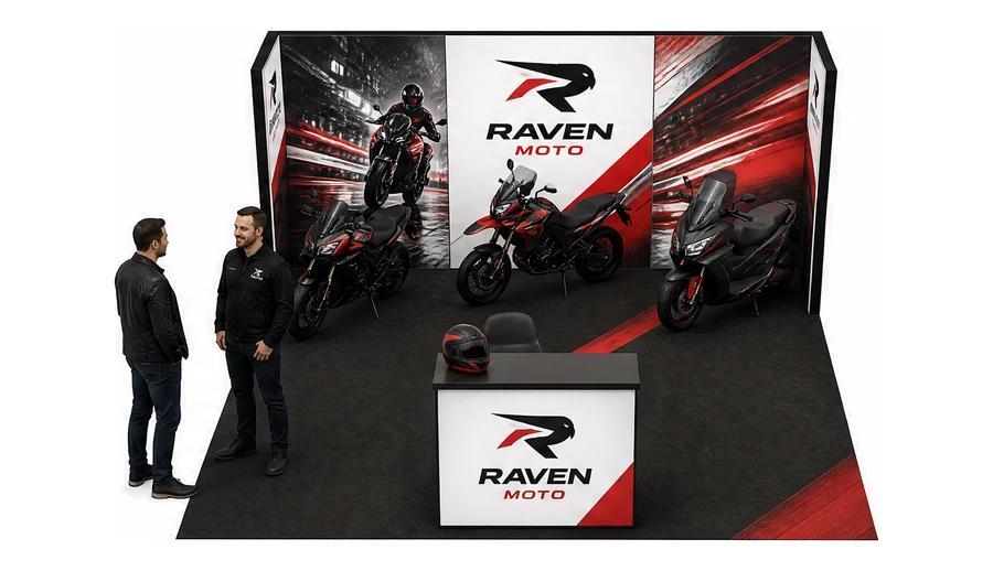 Stoisko 5 × 5 m półwyspowe dla branży motocykle i skutery, przykładowa marka Raven Moto