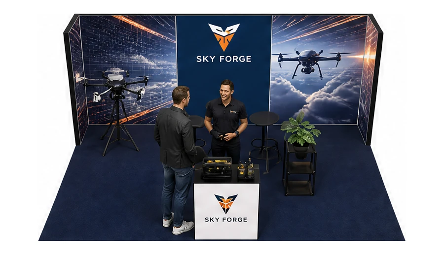 Stoisko 6 × 4 m półwyspowe dla branży drony i robotyka, przykładowa marka Sky Forge