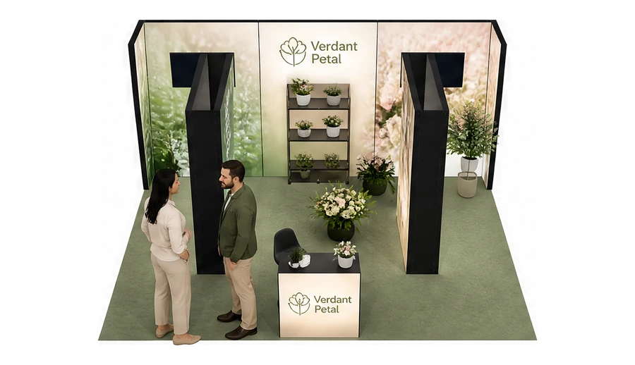 Stoisko 6 × 5 m półwyspowe dla branży rośliny i kwiaciarstwo, przykładowa marka Verdant Petal