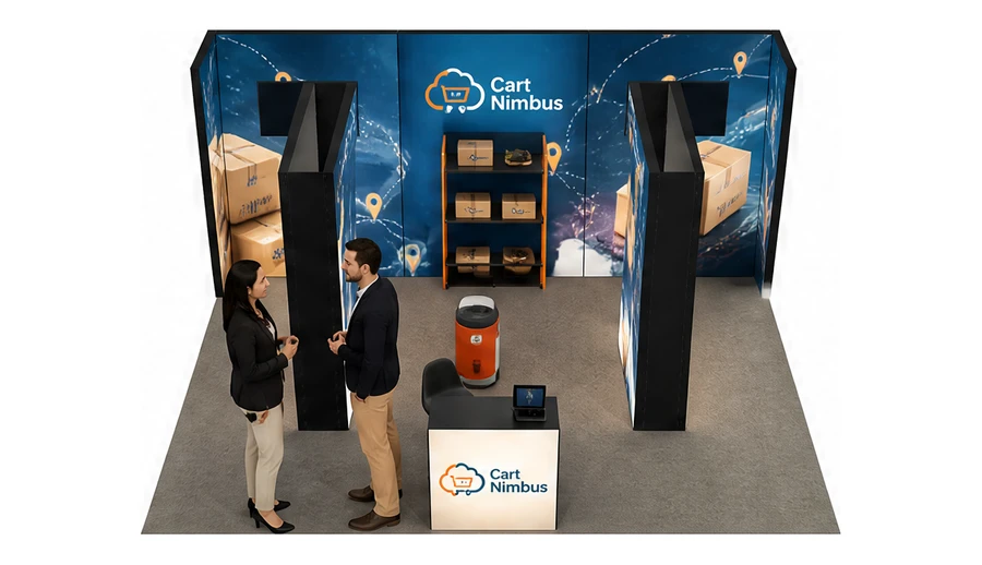 Stoisko 6 × 5 m półwyspowe dla branży e-commerce, przykładowa marka Cart Nimbus