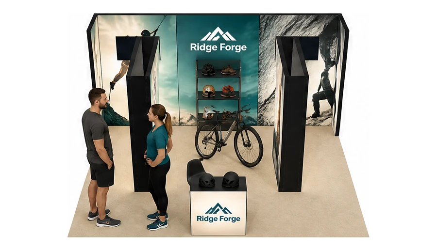 Stoisko 6 × 5 m półwyspowe dla branży sprzęt sportowy, przykładowa marka Ridge Forge