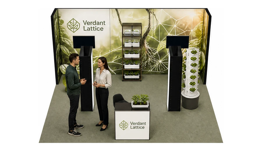 Stoisko 6 × 6 m półwyspowe dla branży sadownictwo i warzywnictwo, przykładowa marka Verdant Lattice