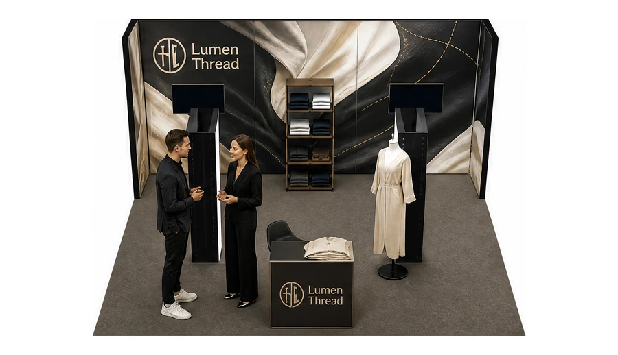 Stoisko 6 × 6 m półwyspowe dla branży odzież i moda, przykładowa marka Lumen Thread