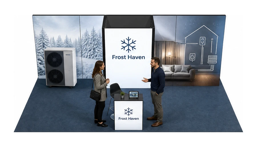 Stoisko 8 × 4 m półwyspowe dla branży pompy ciepła i ogrzewanie, przykładowa marka Frost Haven