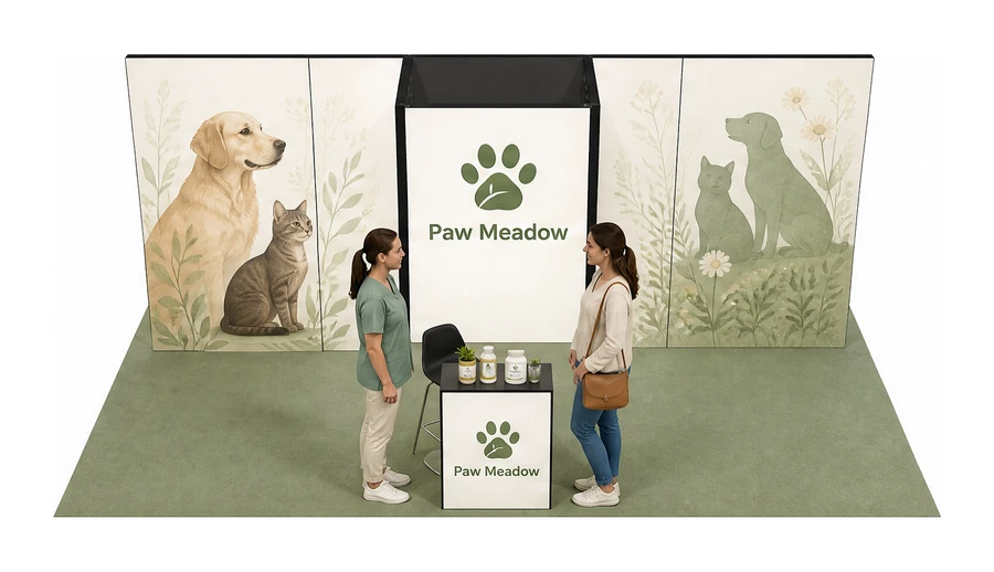 Stoisko 8 × 4 m półwyspowe dla branży weterynaria, przykładowa marka Paw Meadow