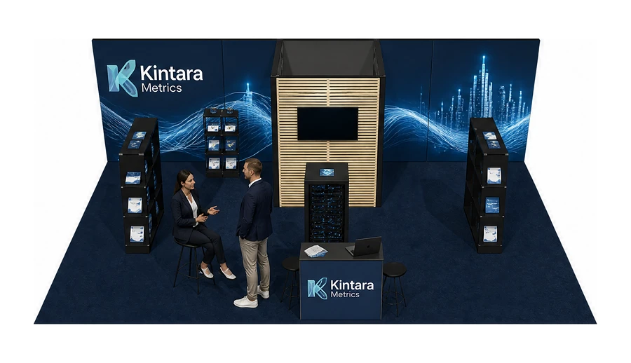 Stoisko 8 × 5 m półwyspowe dla branży oprogramowanie dla firm, przykładowa marka Kintara Metrics