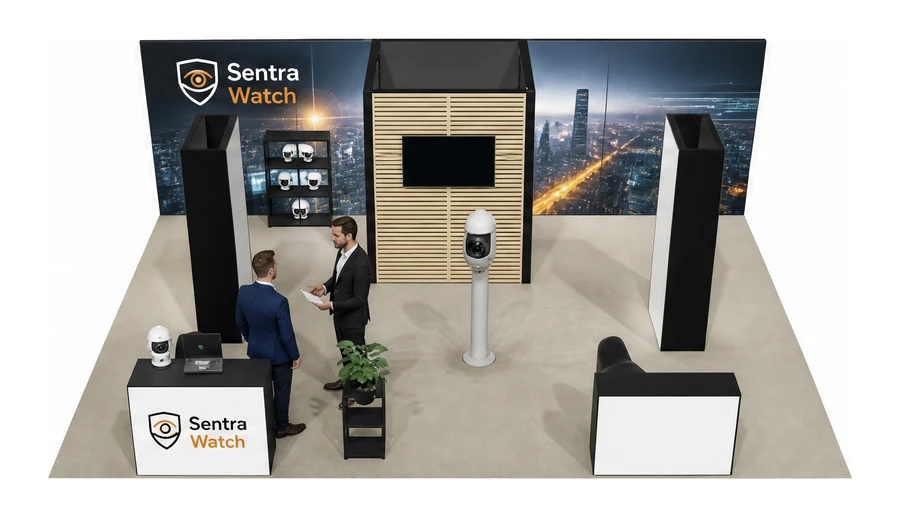 Stoisko 8 × 6 m półwyspowe dla branży systemy zabezpieczeń, przykładowa marka Sentra Watch