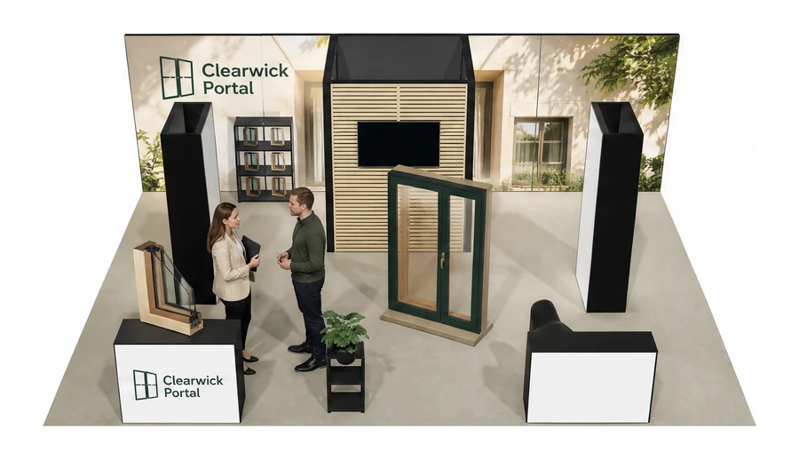 Stoisko 8 × 6 m półwyspowe dla branży okna i drzwi, przykładowa marka Clearwick Portal