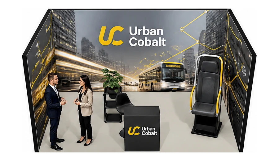 Stoisko 5 × 3 m szeregowe dla branży autobusy i transport zbiorowy, przykładowa marka Urban Cobalt