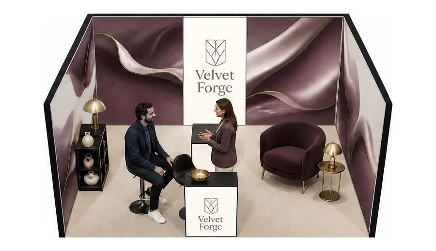 Stoisko 5 × 4 m szeregowe dla branży meble designerskie, przykładowa marka Velvet Forge