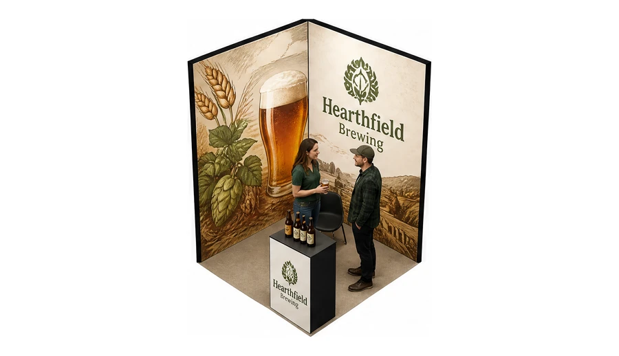 Stoisko 2 × 2 m narożne lewe dla branży browar rzemieślniczy, przykładowa marka Hearthfield Brewing