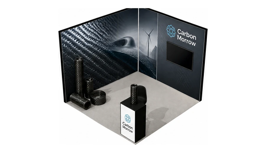 Stoisko 3 × 3 m narożne lewe dla branży materiały kompozytowe, przykładowa marka Carbon Morrow