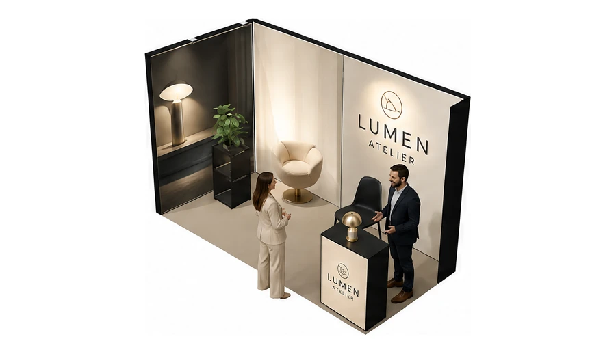 Stoisko 4 × 2 m narożne lewe dla branży meble designerskie, przykładowa marka Lumen Atelier