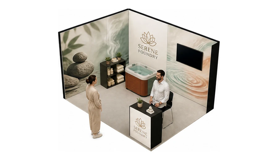 Stoisko 4 × 3 m narożne lewe dla branży spa i wellness, przykładowa marka Serene Foundry