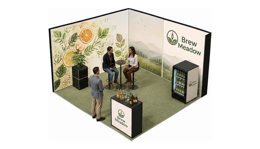Stoisko 4 × 4 m narożne lewe dla branży napoje, przykładowa marka Brew Meadow