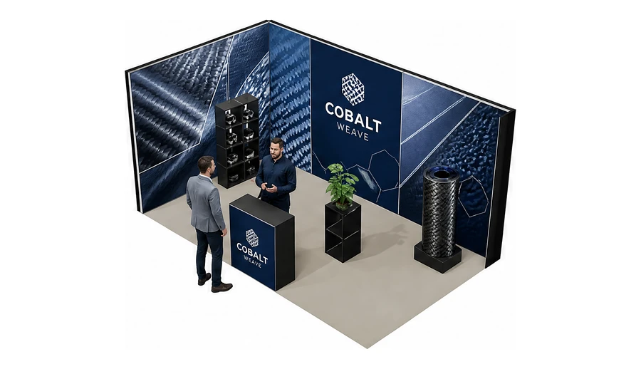 Stoisko 5 × 3 m narożne lewe dla branży materiały kompozytowe, przykładowa marka Cobalt Weave