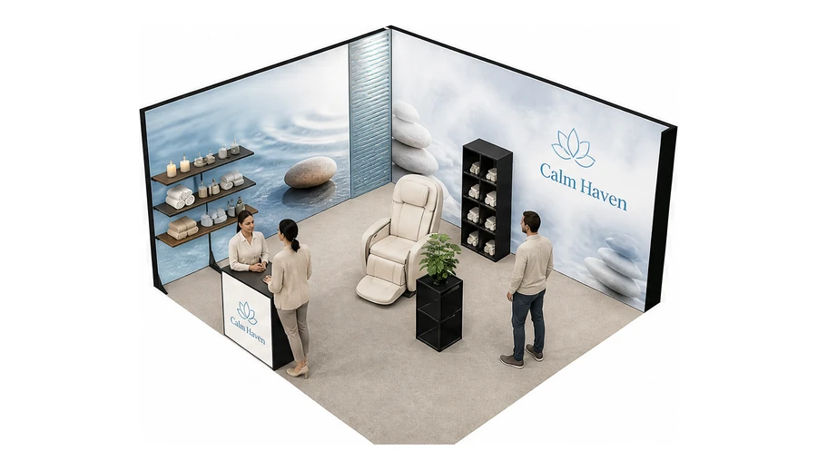 Stoisko 5 × 4 m narożne lewe dla branży spa i wellness, przykładowa marka Calm Haven