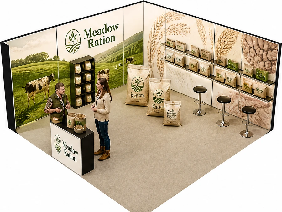 Stoisko 5 × 5 m narożne lewe dla branży hodowla i pasze, przykładowa marka Meadow Ration