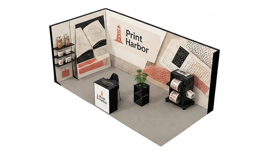 Stoisko 6 × 3 m narożne lewe dla branży etykiety i poligrafia, przykładowa marka Print Harbor