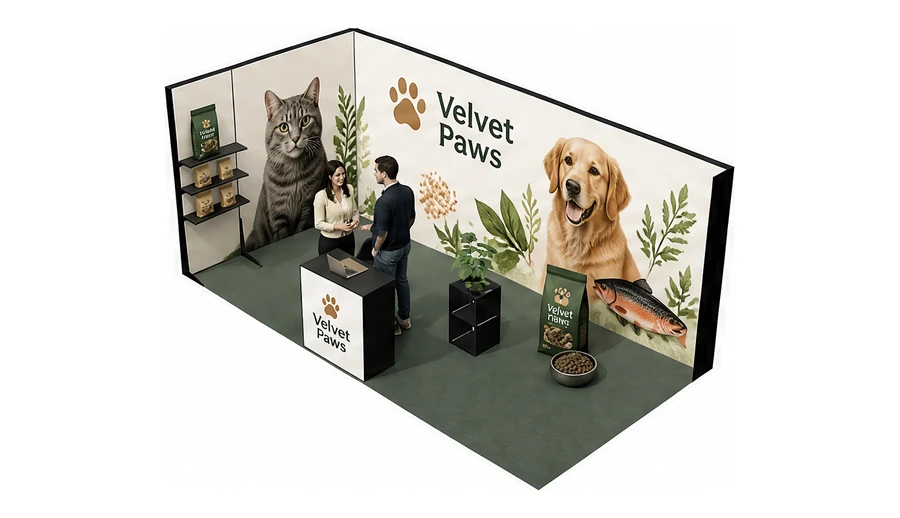 Stoisko 6 × 3 m narożne lewe dla branży karma dla zwierząt, przykładowa marka Velvet Paws