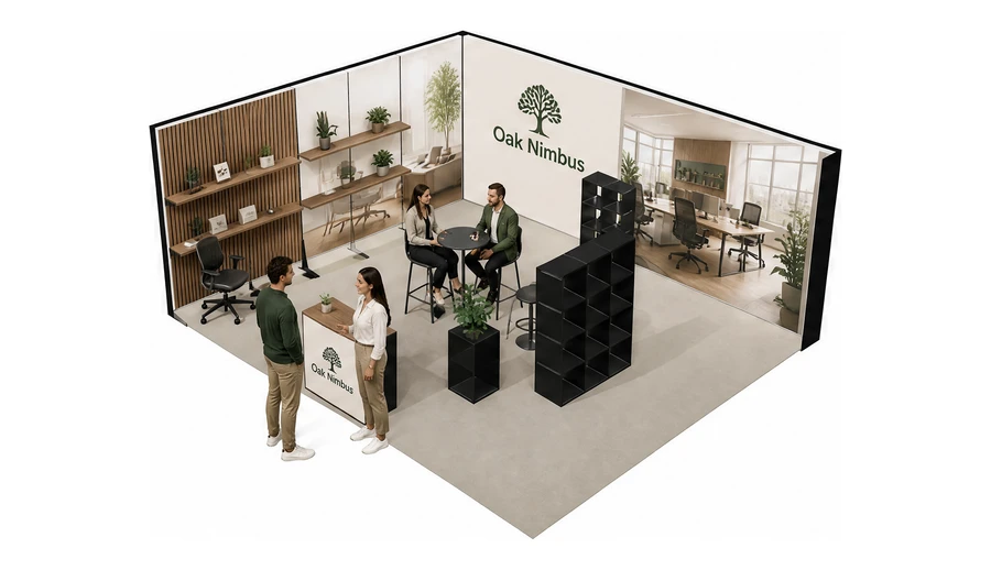 Stoisko 6 × 5 m narożne lewe dla branży meble biurowe, przykładowa marka Oak Nimbus