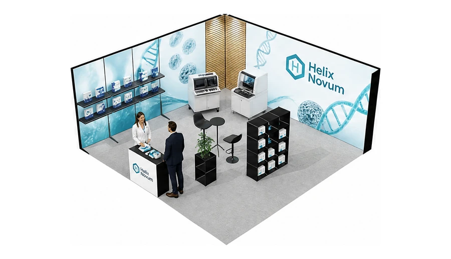 Stoisko 6 × 6 m narożne lewe dla branży farmacja i biotechnologia, przykładowa marka Helix Novum
