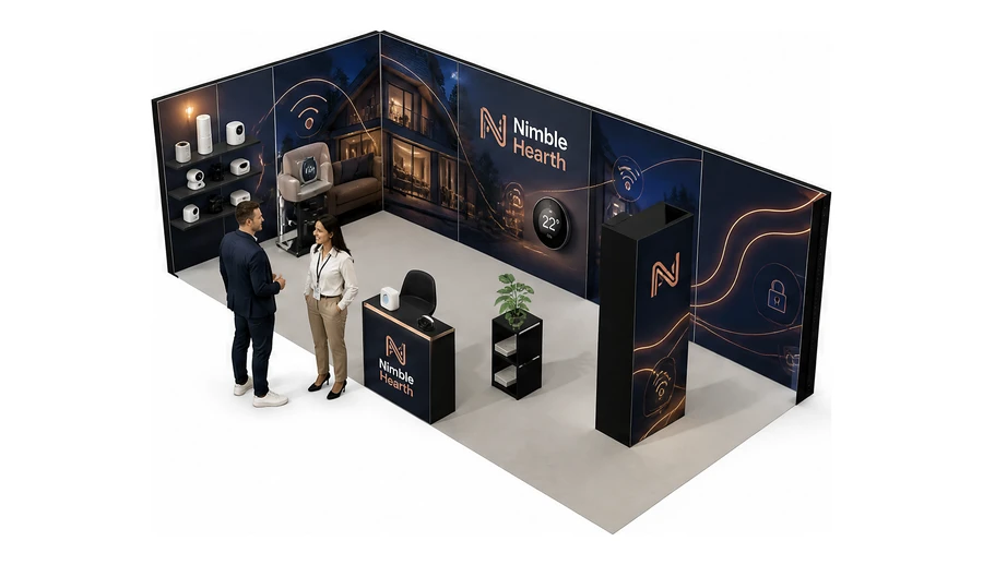 Stoisko 8 × 4 m narożne lewe dla branży smart home i IoT, przykładowa marka Nimble Hearth
