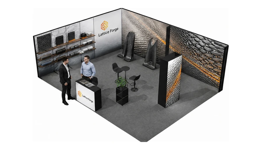 Stoisko 8 × 6 m narożne lewe dla branży materiały kompozytowe, przykładowa marka Lattice Forge