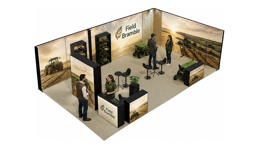 Stoisko 10 × 6 m narożne prawe dla branży maszyny rolnicze, przykładowa marka Field Bramble