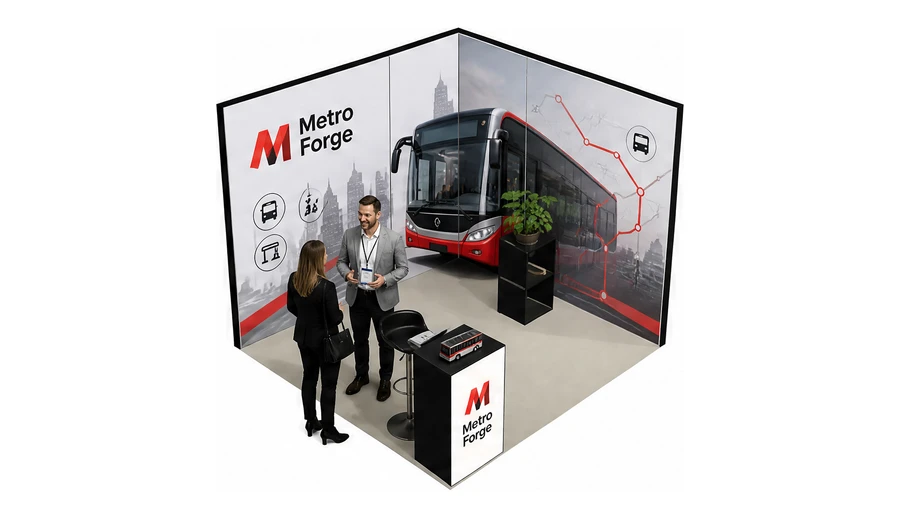 Stoisko 3 × 3 m narożne prawe dla branży autobusy i transport zbiorowy, przykładowa marka Metro Forge