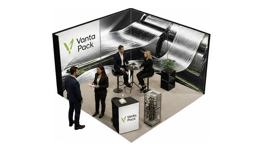 Stoisko 4 × 4 m narożne prawe dla branży maszyny pakujące, przykładowa marka Vanta Pack