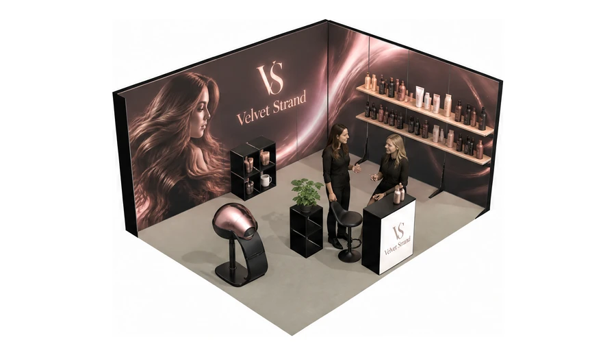 Stoisko 5 × 4 m narożne prawe dla branży fryzjerstwo i salony beauty, przykładowa marka Velvet Strand