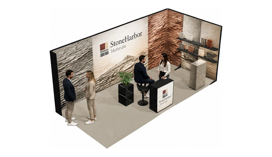 Stoisko 6 × 3 m narożne prawe dla branży materiały budowlane, przykładowa marka StoneHarbor Materials