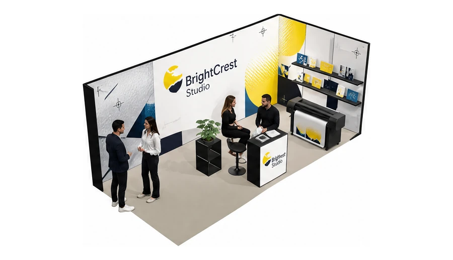 Stoisko 6 × 3 m narożne prawe dla branży reklama i druk, przykładowa marka BrightCrest Studio