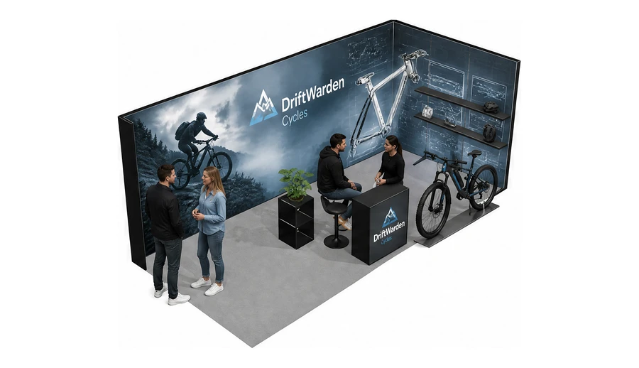 Stoisko 6 × 3 m narożne prawe dla branży rowery elektryczne, przykładowa marka DriftWarden Cycles