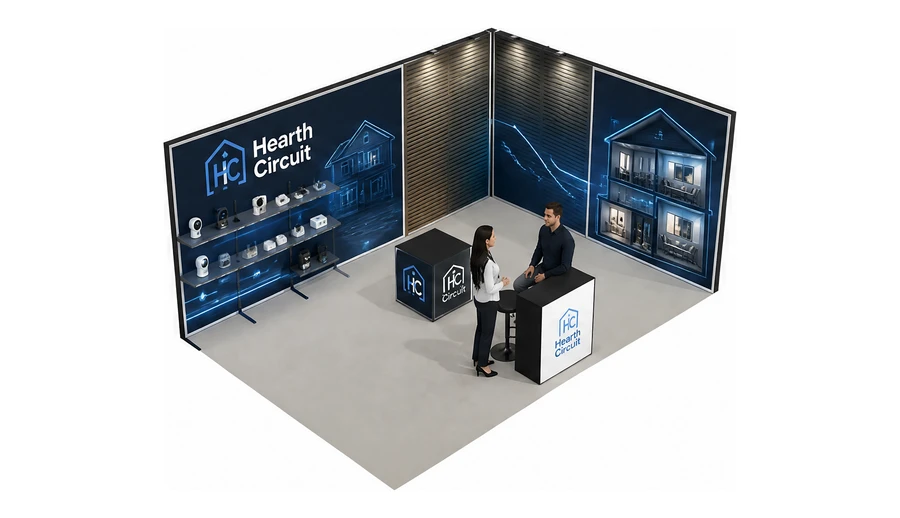 Stoisko 6 × 4 m narożne prawe dla branży smart home i IoT, przykładowa marka Hearth Circuit