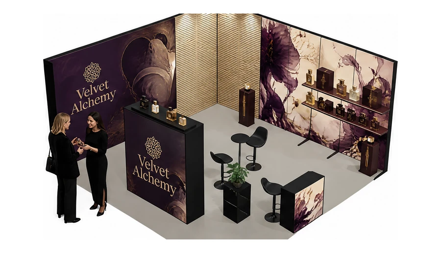 Stoisko 6 × 6 m narożne prawe dla branży perfumy, przykładowa marka Velvet Alchemy