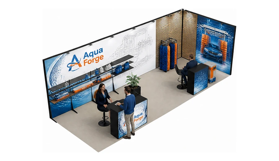 Stoisko 8 × 3 m narożne prawe dla branży myjnie i pielęgnacja aut, przykładowa marka Aqua Forge