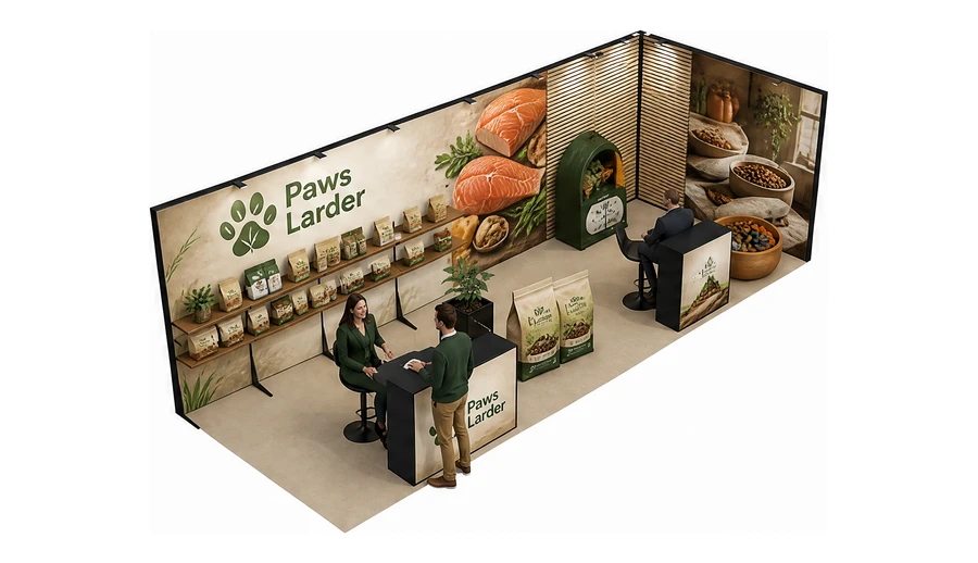 Stoisko 8 × 3 m narożne prawe dla branży karma dla zwierząt, przykładowa marka Paws Larder