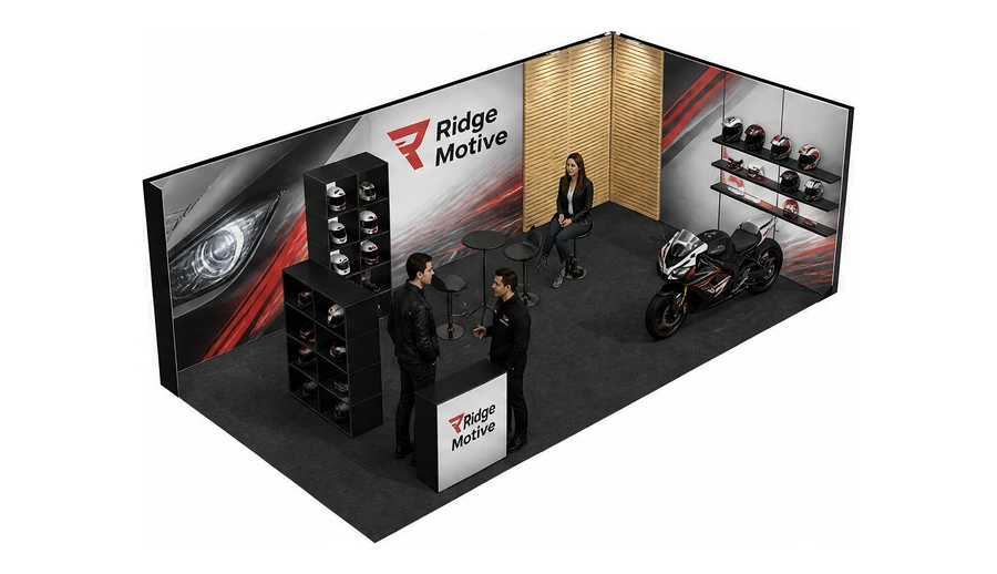 Stoisko 8 × 4 m narożne prawe dla branży motocykle i skutery, przykładowa marka Ridge Motive