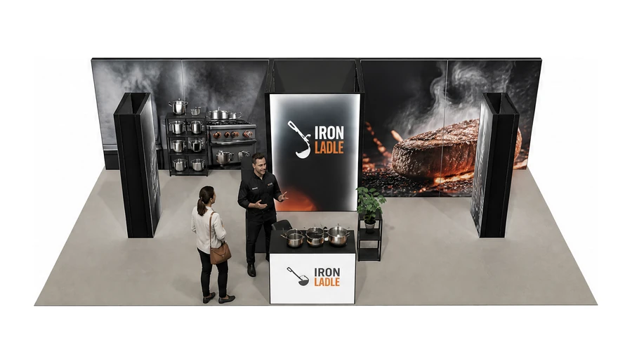 Stoisko 10 × 5 m półwyspowe dla branży wyposażenie gastronomii, przykładowa marka Iron Ladle
