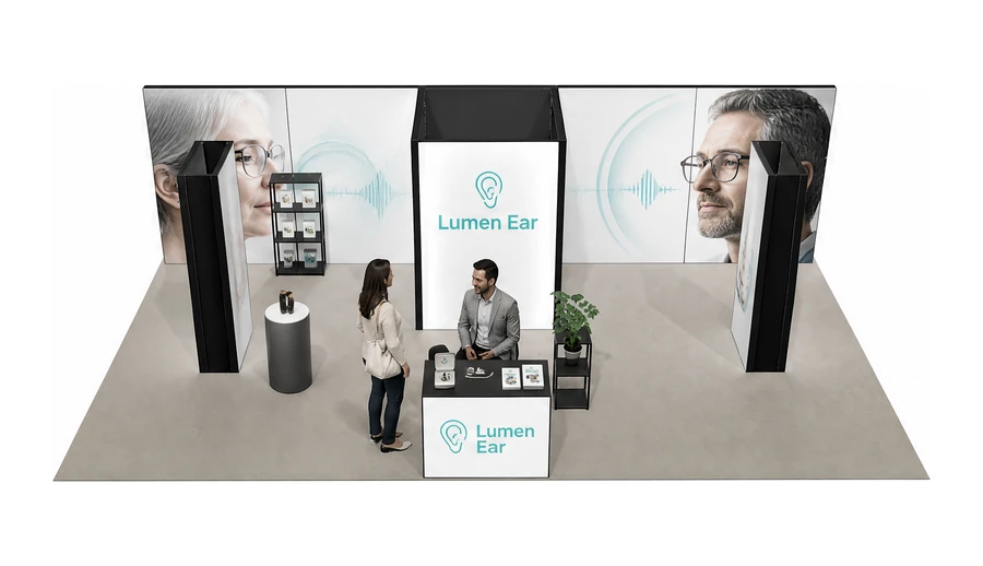 Stoisko 10 × 5 m półwyspowe dla branży optyka i audiologia, przykładowa marka Lumen Ear
