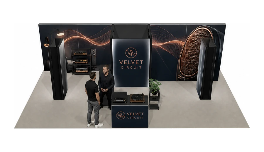 Stoisko 10 × 5 m półwyspowe dla branży sprzęt audio-video, przykładowa marka Velvet Circuit