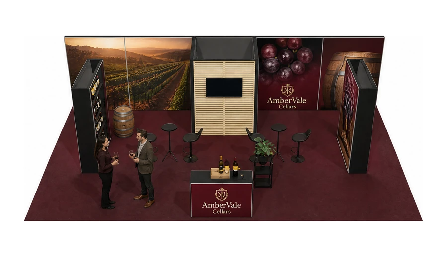 Stoisko 10 × 6 m półwyspowe dla branży winnica, przykładowa marka AmberVale Cellars